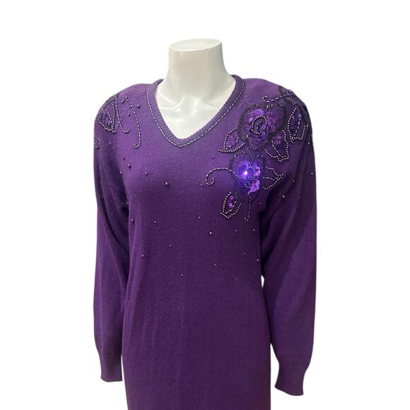Vintage 1980s Purple Knit Beaded Sequin Sweater Dress / Size Small - - Picture 5 of 5